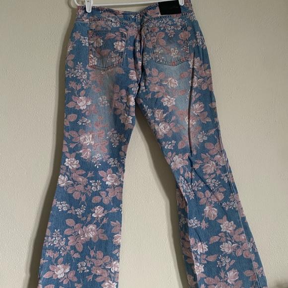 Vintage Low-Rise Joe Boxer Pink Flower Print Flare Distressed Blue Jeans - Picture 4 of 8